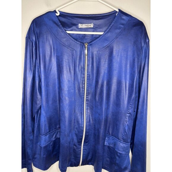 MAGNA Faux Leather Full Zip Top Womens 2X Blue Black Muddled Pocket Plus Stretch - Picture 3 of 5
